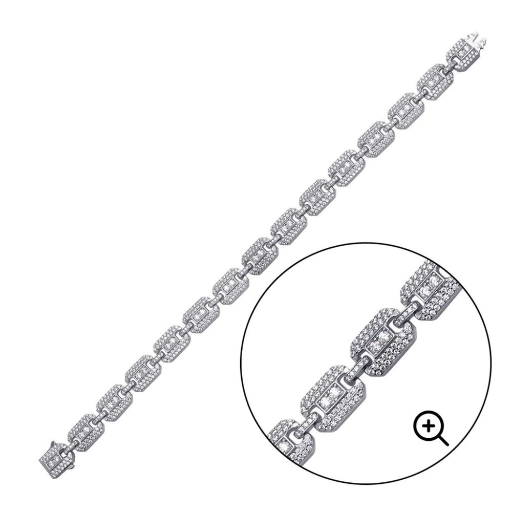 Sterling Silver 925 Rhodium Plated CZ Square Link Bracelet 8.8mm